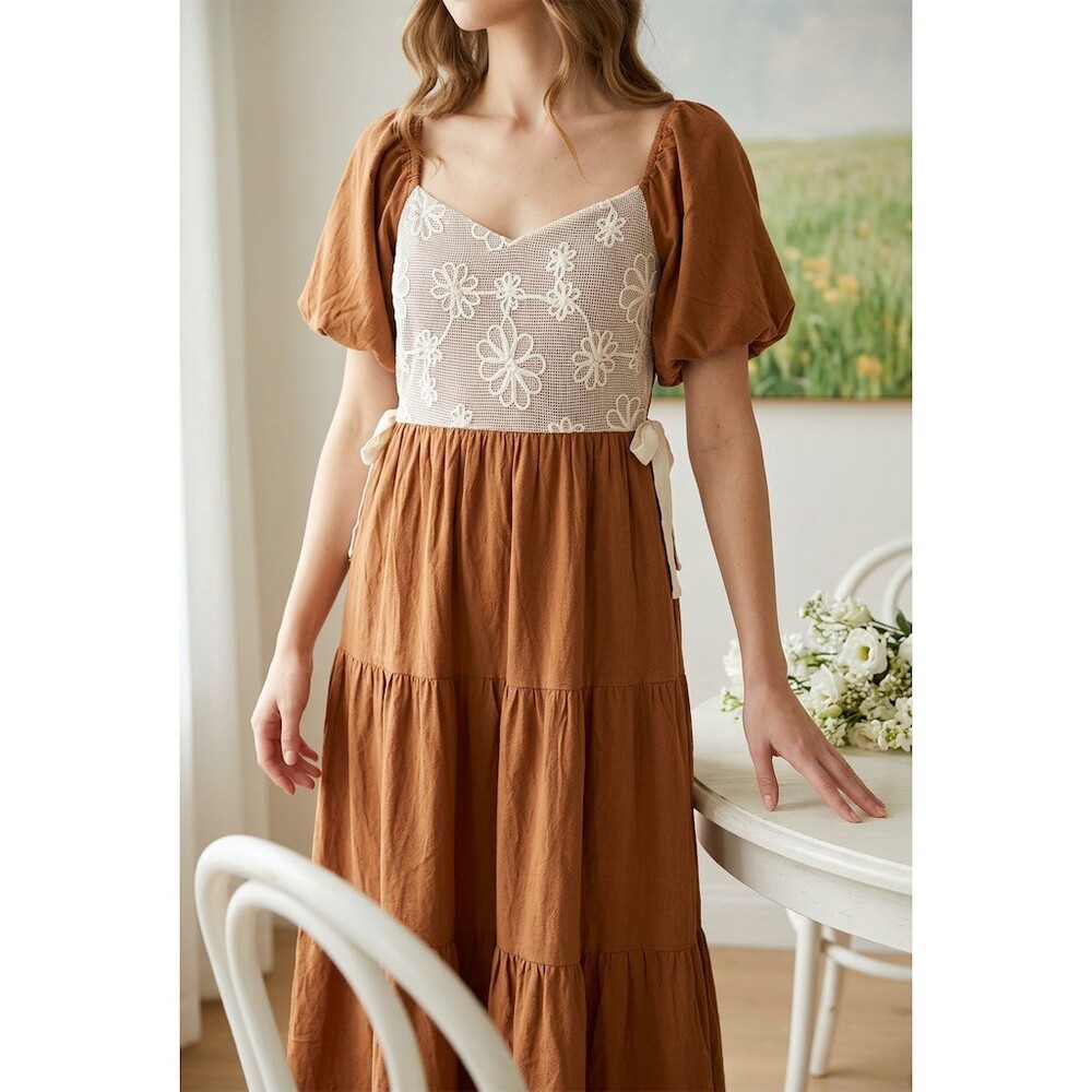 in february Midi Dress Womens L Brown Floral Lace Bodice Side Bows Lined
